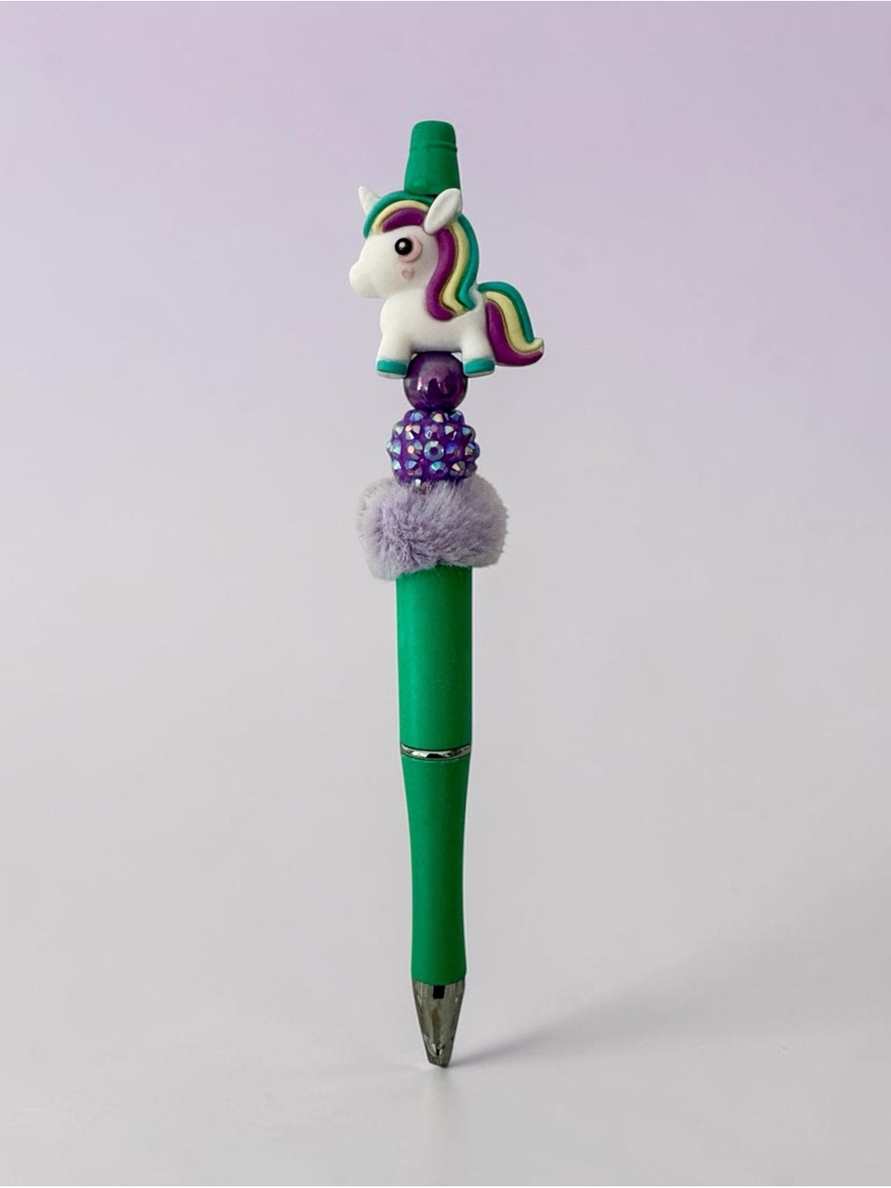 Green Unicorn Top Pen with Purple Charm and Pom-Pom